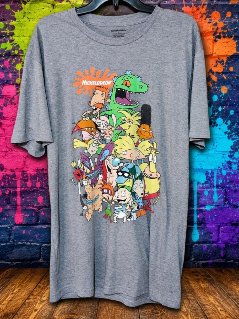 Nickelodeon All Stars T-Shirt L Gray Rugrats Hey Arnold Ren Stimpy Rocko Reptar